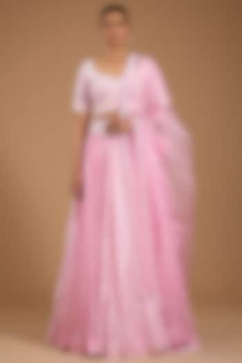 Pink Kora Silk Printed & Embroidered Wedding Lehenga Set by Prisha's at Pernia's Pop Up Shop