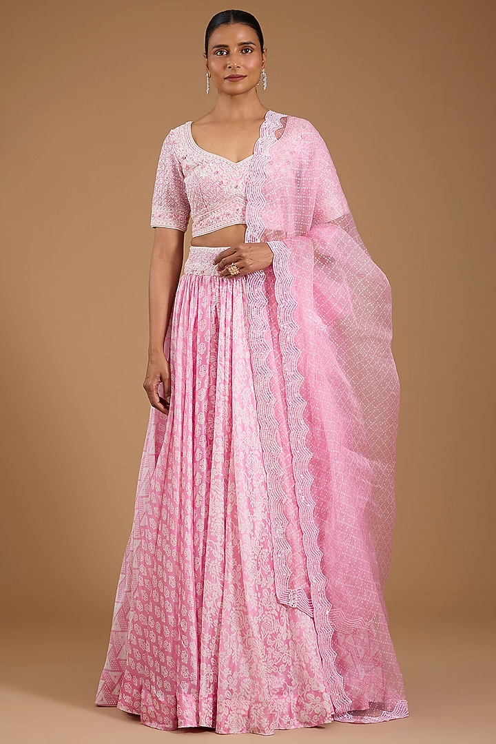 Pink Kora Silk Printed & Embroidered Wedding Lehenga Set by Prisha's at Pernia's Pop Up Shop