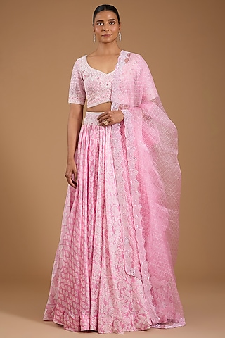 Pink Kora Silk Printed & Embroidered Lehenga Set by Prisha's