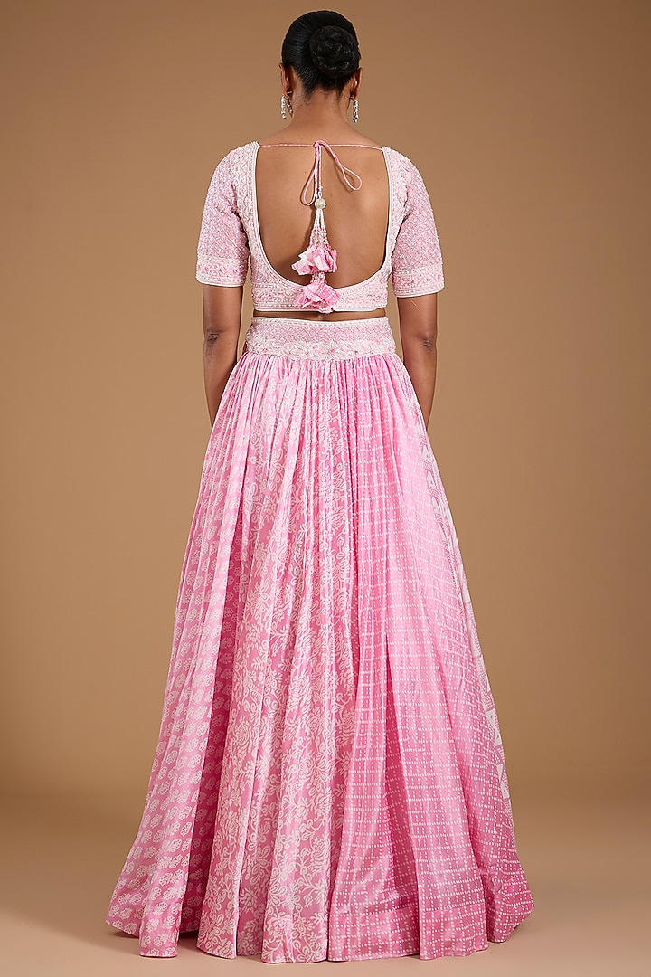 Pink Kora Silk Printed & Embroidered Wedding Lehenga Set by Prisha's at Pernia's Pop Up Shop
