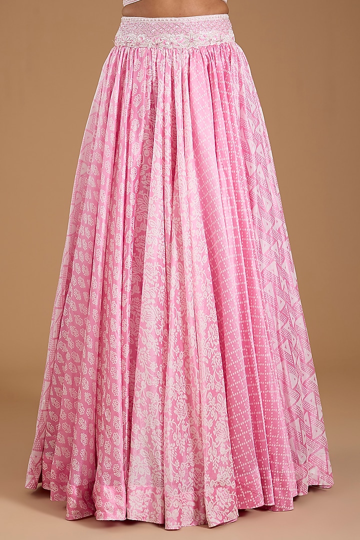 Pink Kora Silk Printed & Embroidered Wedding Lehenga Set by Prisha's at Pernia's Pop Up Shop