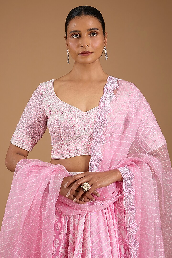 Pink Kora Silk Printed & Embroidered Wedding Lehenga Set by Prisha's at Pernia's Pop Up Shop
