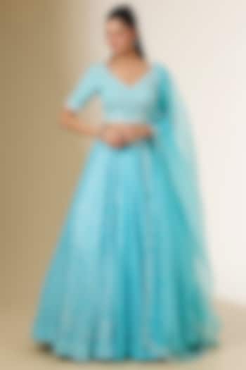 Blue Kora Silk Printed Wedding Lehenga Set by Prisha's at Pernia's Pop Up Shop