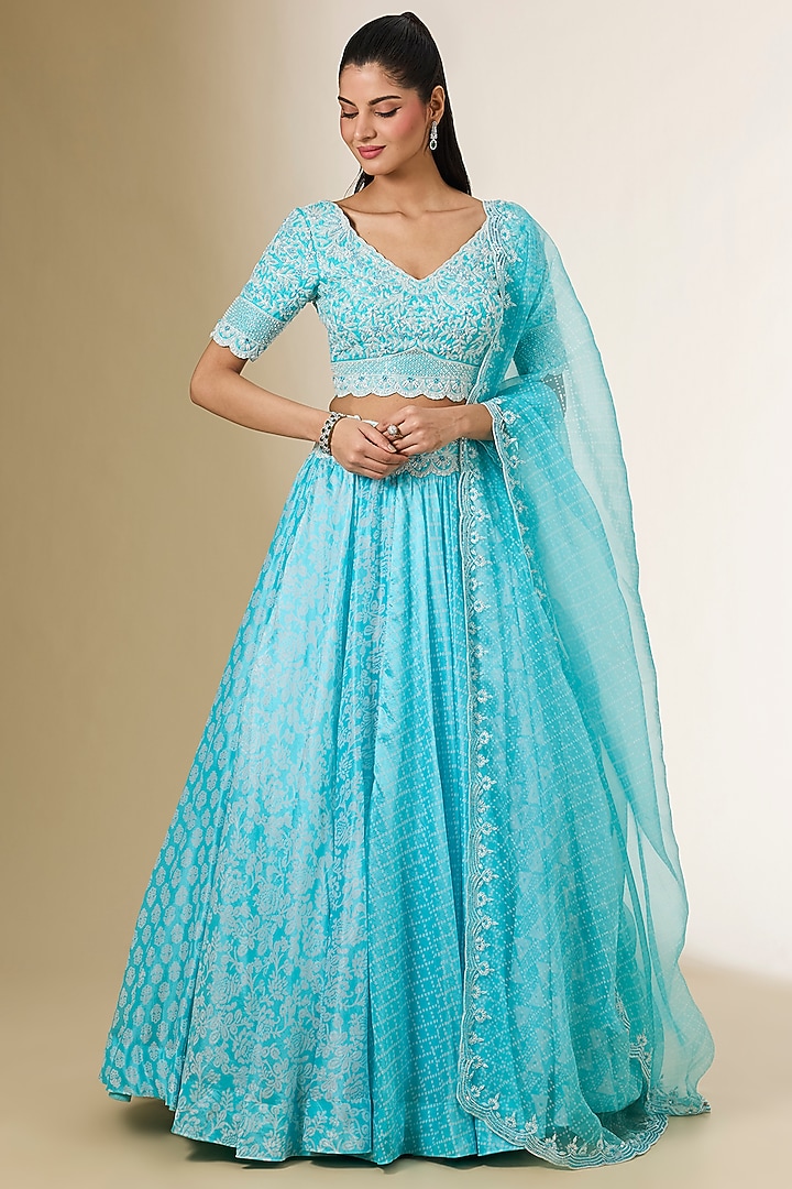 Blue Kora Silk Printed Wedding Lehenga Set by Prisha's at Pernia's Pop Up Shop