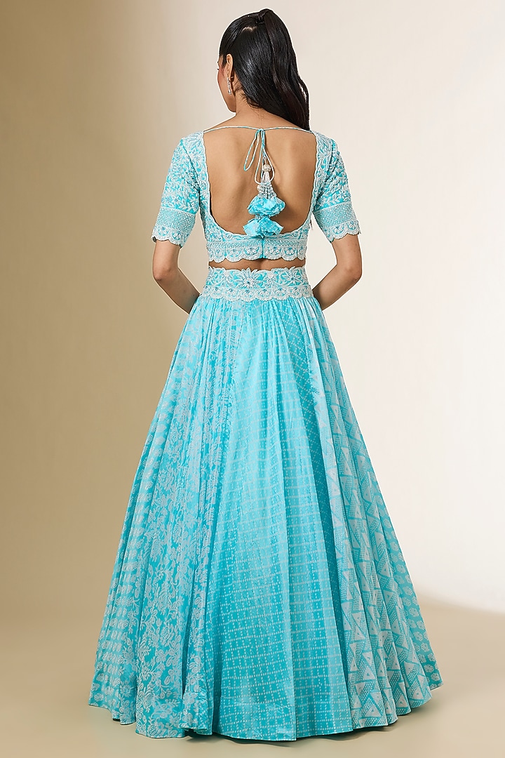 Blue Kora Silk Printed Wedding Lehenga Set by Prisha's at Pernia's Pop Up Shop