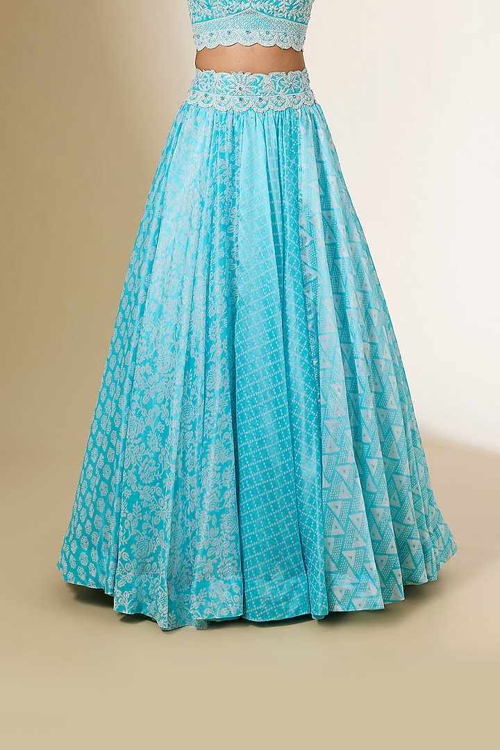 Blue Kora Silk Printed Wedding Lehenga Set by Prisha's at Pernia's Pop Up Shop