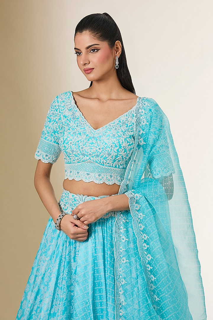 Blue Kora Silk Printed Wedding Lehenga Set by Prisha's at Pernia's Pop Up Shop