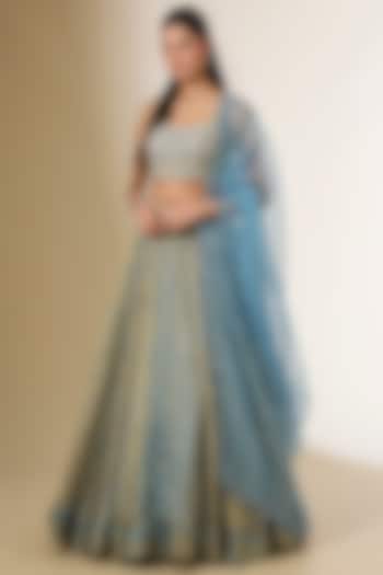 Blue Tissue Organza Ajrakh Printed Wedding Lehenga Se by Prisha's at Pernia's Pop Up Shop