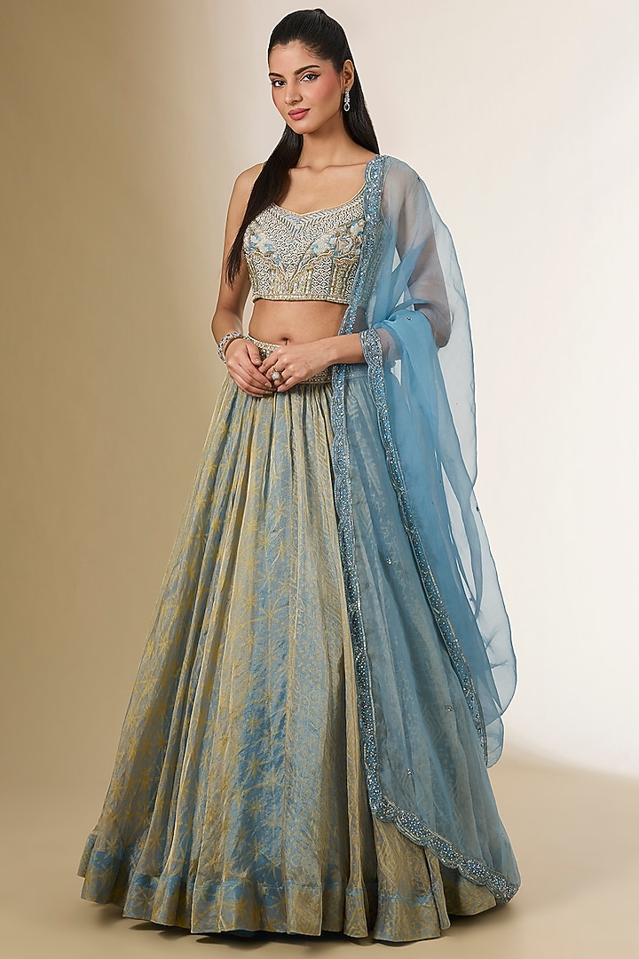Blue Tissue Organza Ajrakh Printed Wedding Lehenga Se by Prisha's at Pernia's Pop Up Shop