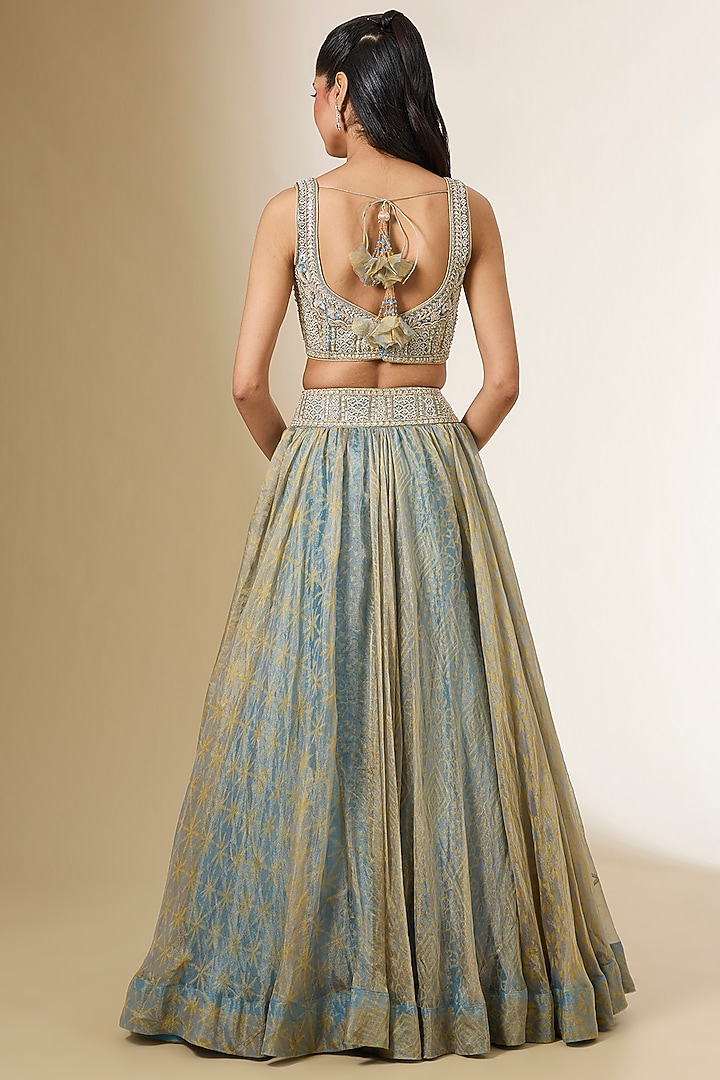 Blue Tissue Organza Ajrakh Printed Wedding Lehenga Se by Prisha's at Pernia's Pop Up Shop