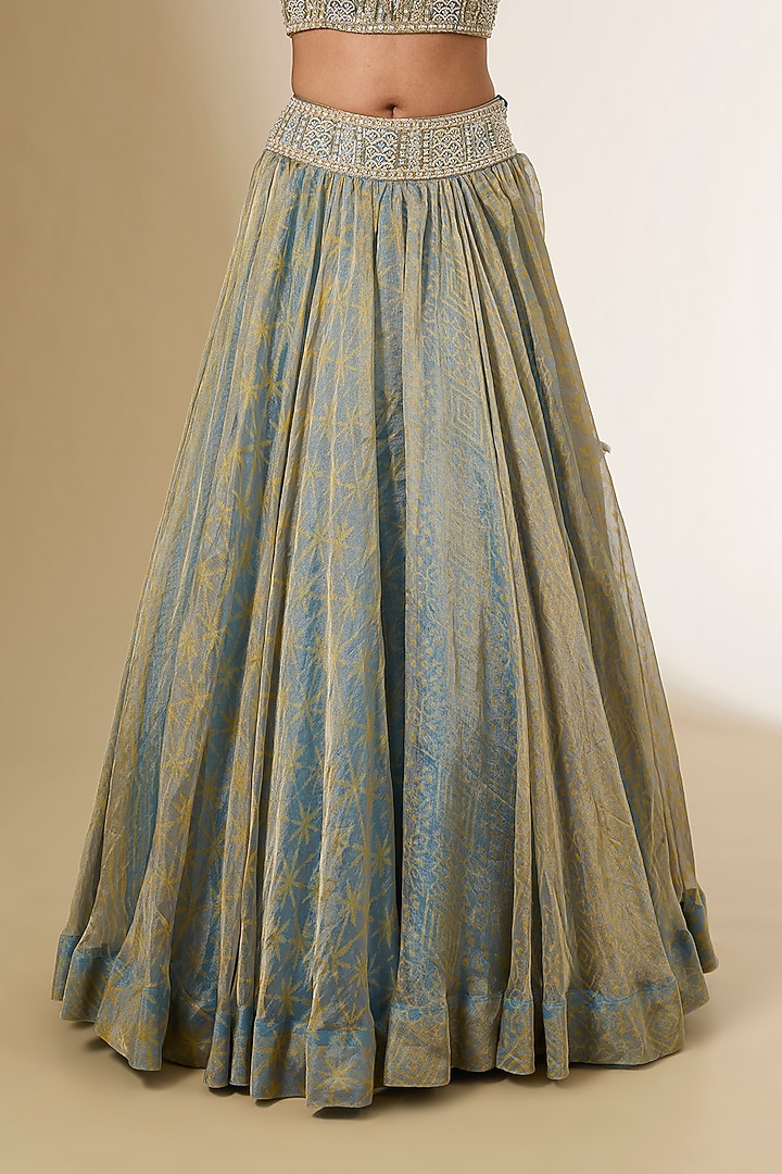 Blue Tissue Organza Ajrakh Printed Wedding Lehenga Se by Prisha's at Pernia's Pop Up Shop