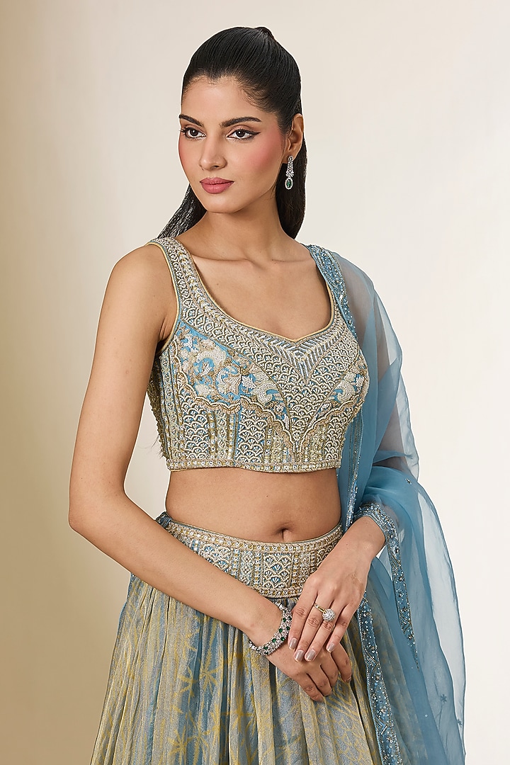 Blue Tissue Organza Ajrakh Printed Wedding Lehenga Se by Prisha's at Pernia's Pop Up Shop