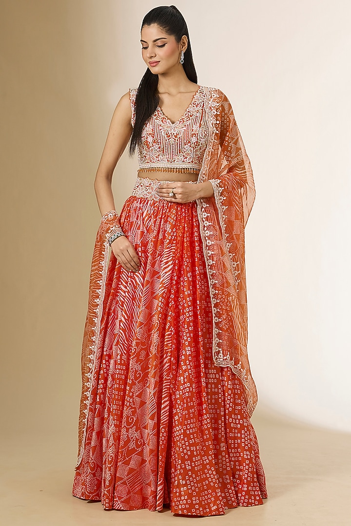 Orange Kora Silk Printed Wedding Lehenga Set by Prisha's at Pernia's Pop Up Shop
