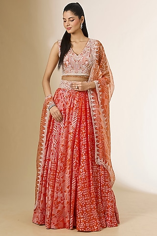 Orange Kora Silk Printed Lehenga Set by Prisha's