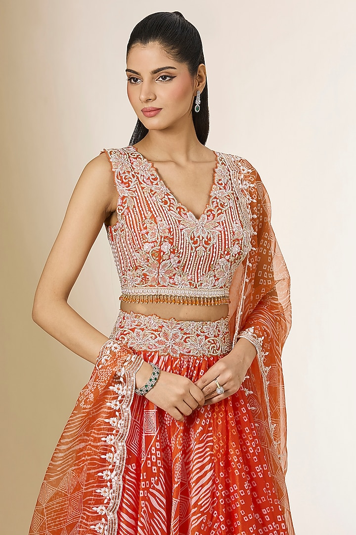 Orange Kora Silk Printed Wedding Lehenga Set by Prisha's at Pernia's Pop Up Shop