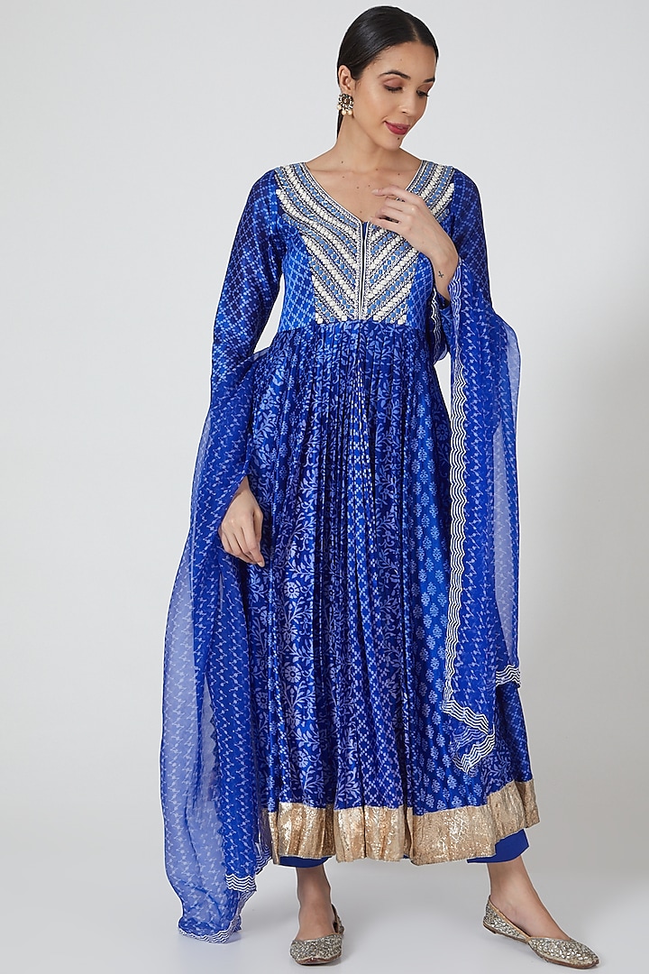 Blue Printed & Embroidered Anarkali Set by Prisha's at Pernia's Pop Up Shop