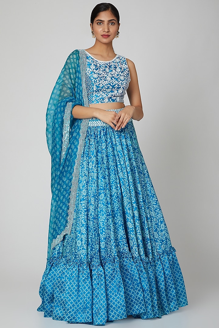 Turquoise Blue Silk Floral Printed Wedding Lehenga Set by Prisha's at Pernia's Pop Up Shop