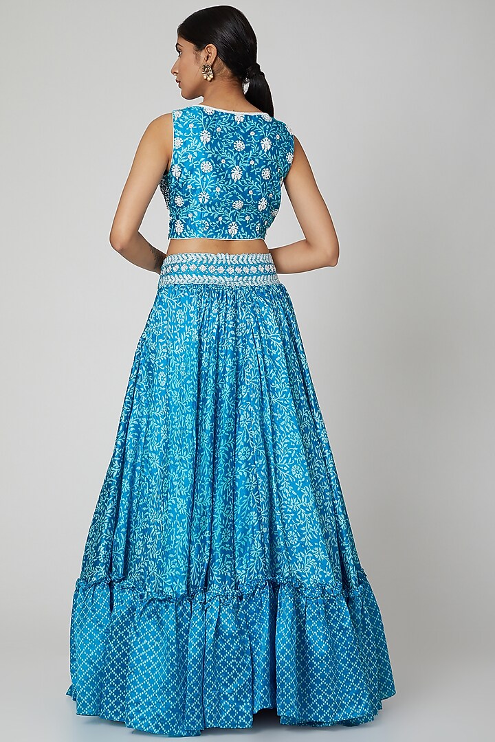 Turquoise Blue Silk Floral Printed Wedding Lehenga Set by Prisha's at Pernia's Pop Up Shop