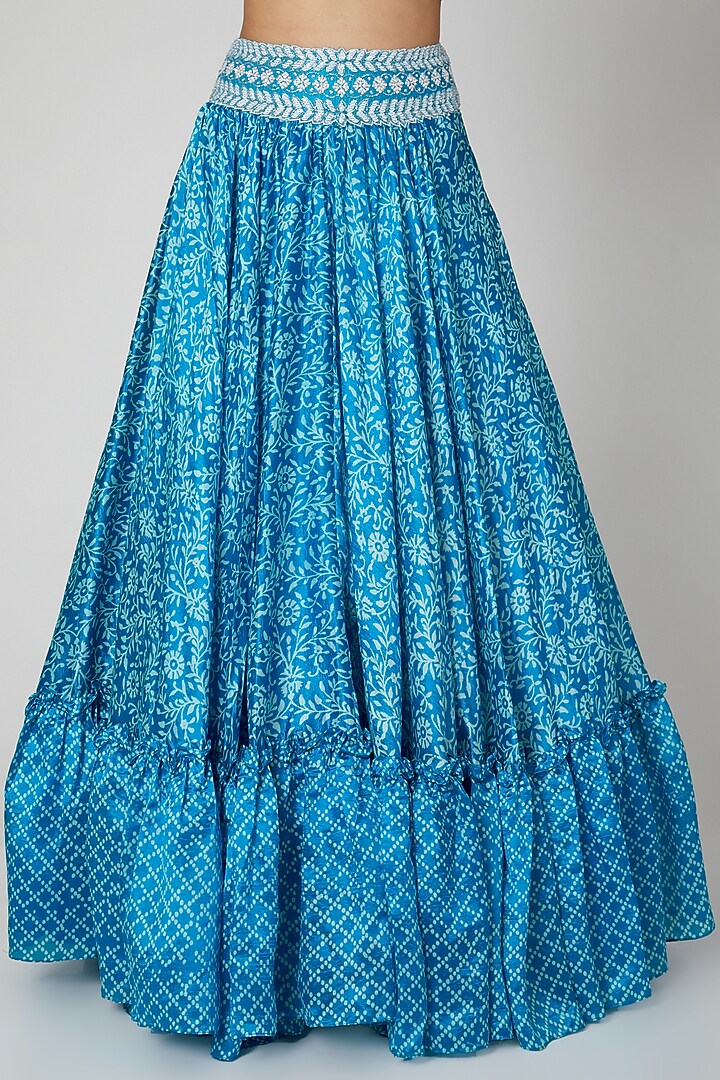 Turquoise Blue Silk Floral Printed Wedding Lehenga Set by Prisha's at Pernia's Pop Up Shop