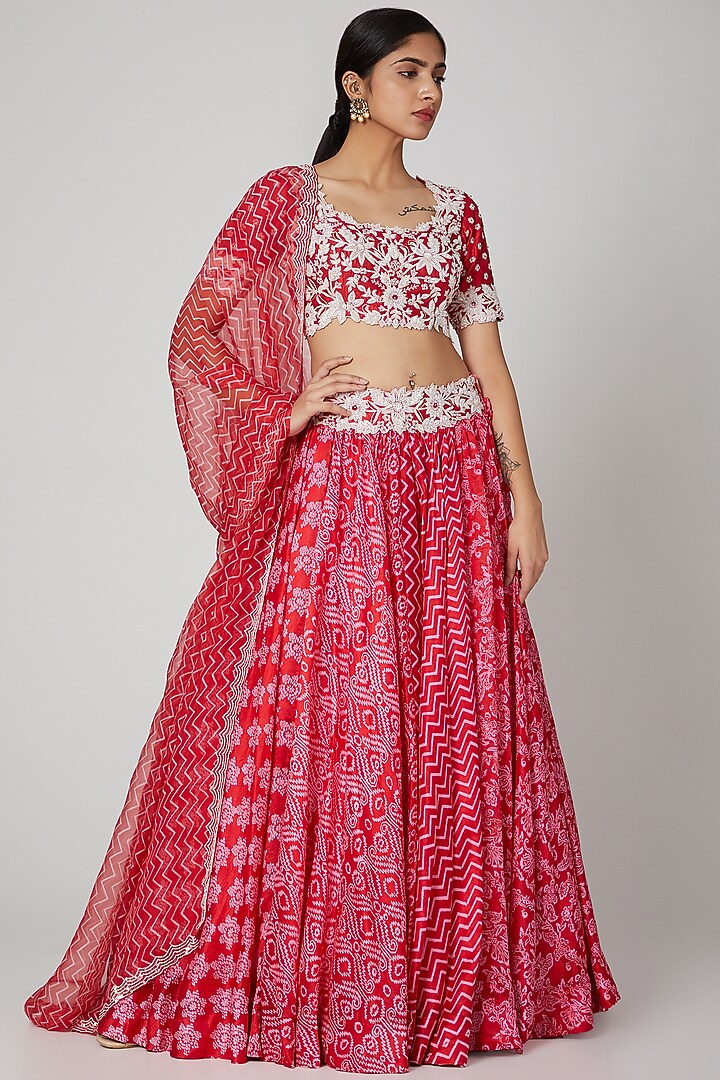 Red Silk Floral Printed Wedding Lehenga Set by Prisha's at Pernia's Pop Up Shop