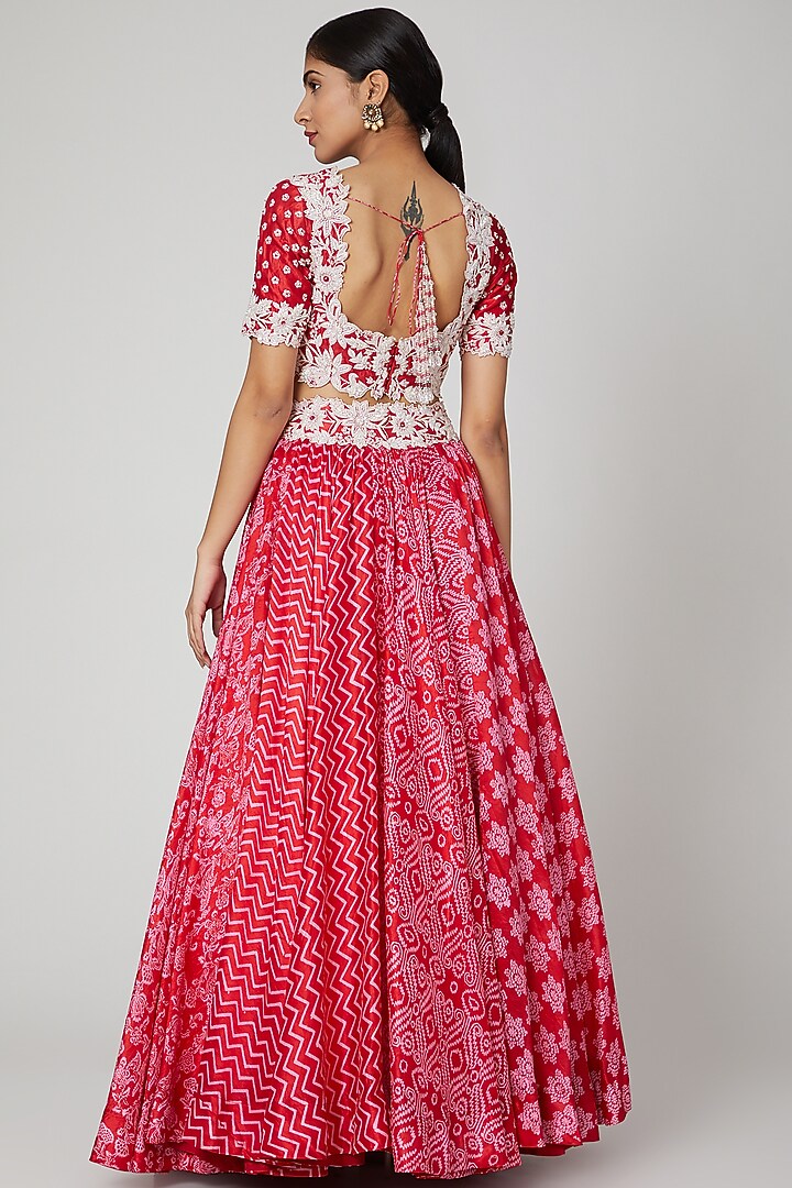 Red Silk Floral Printed Wedding Lehenga Set by Prisha's at Pernia's Pop Up Shop