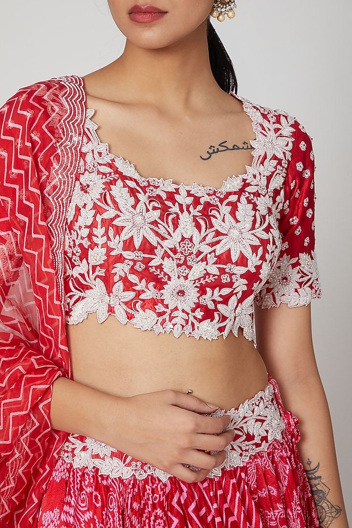 Red Silk Floral Printed Wedding Lehenga Set by Prisha's at Pernia's Pop Up Shop
