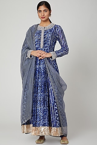 Cobalt Blue Tie-Dye Printed Kurta Set by Prisha's