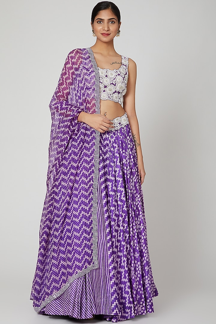 Purple Silk Floral Printed Wedding Lehenga Set by Prisha's at Pernia's Pop Up Shop