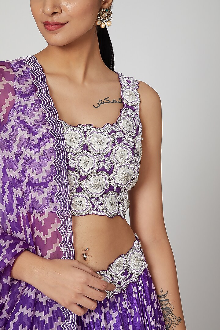 Purple Silk Floral Printed Wedding Lehenga Set by Prisha's at Pernia's Pop Up Shop