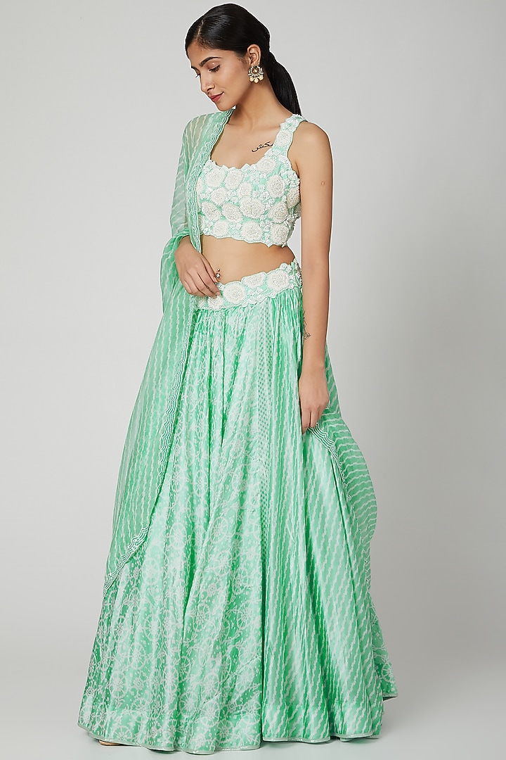 Mint Green Silk Floral Printed Wedding Lehenga Set by Prisha's at Pernia's Pop Up Shop