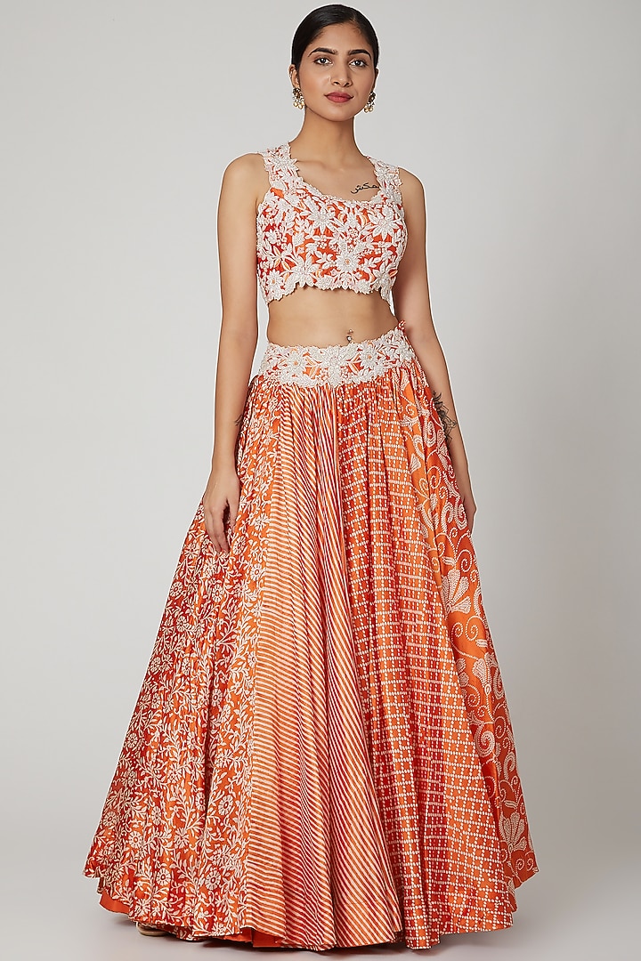 Orange Printed & Embroidered Wedding Lehenga Set by Prisha's at Pernia's Pop Up Shop