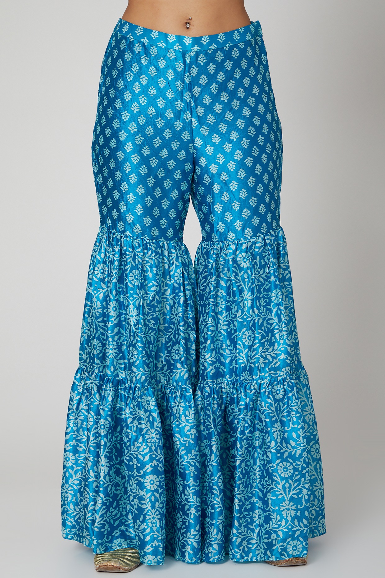 Deep Aurora Blue Printed Blouse With Cape and Sharara Pants – Awigna