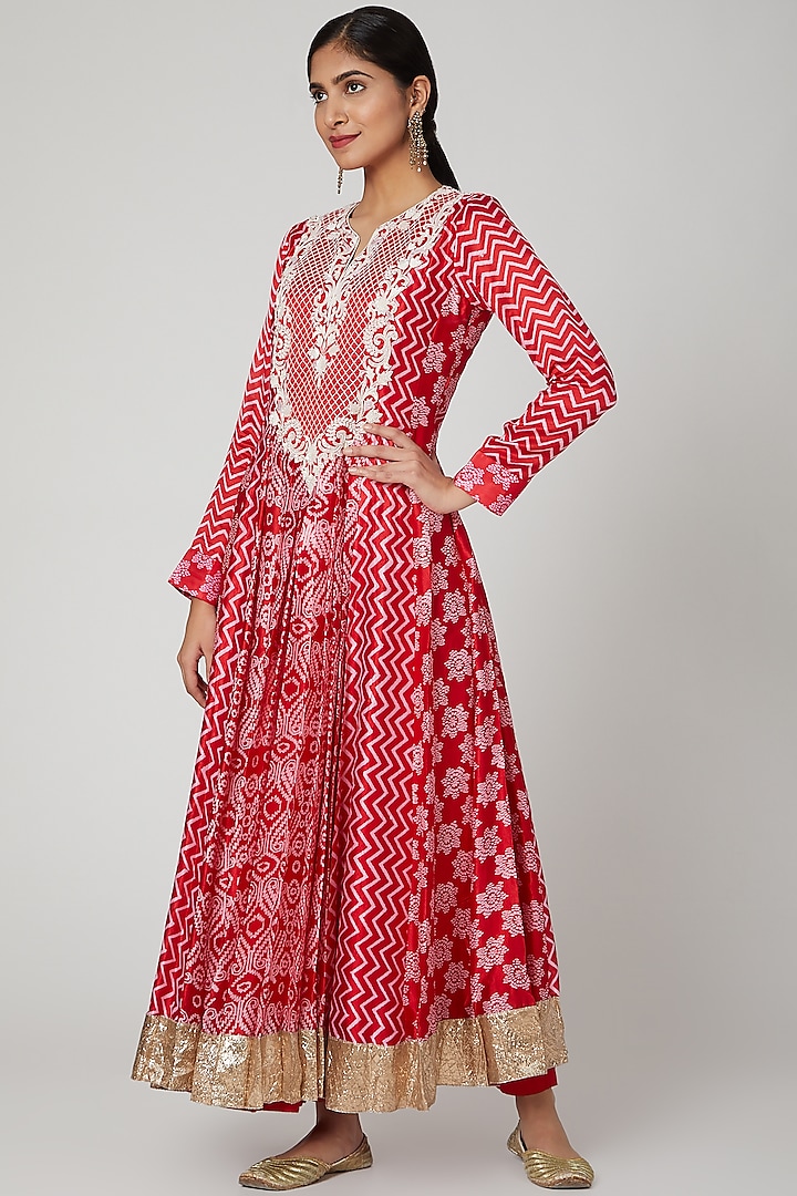 Red Zardosi Embroidered Kurta With Pants by Prisha's