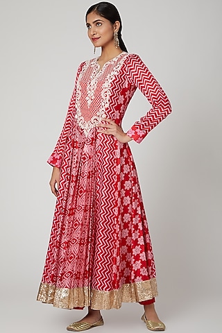 Red Zardosi Embroidered Kurta With Pants by Prisha's