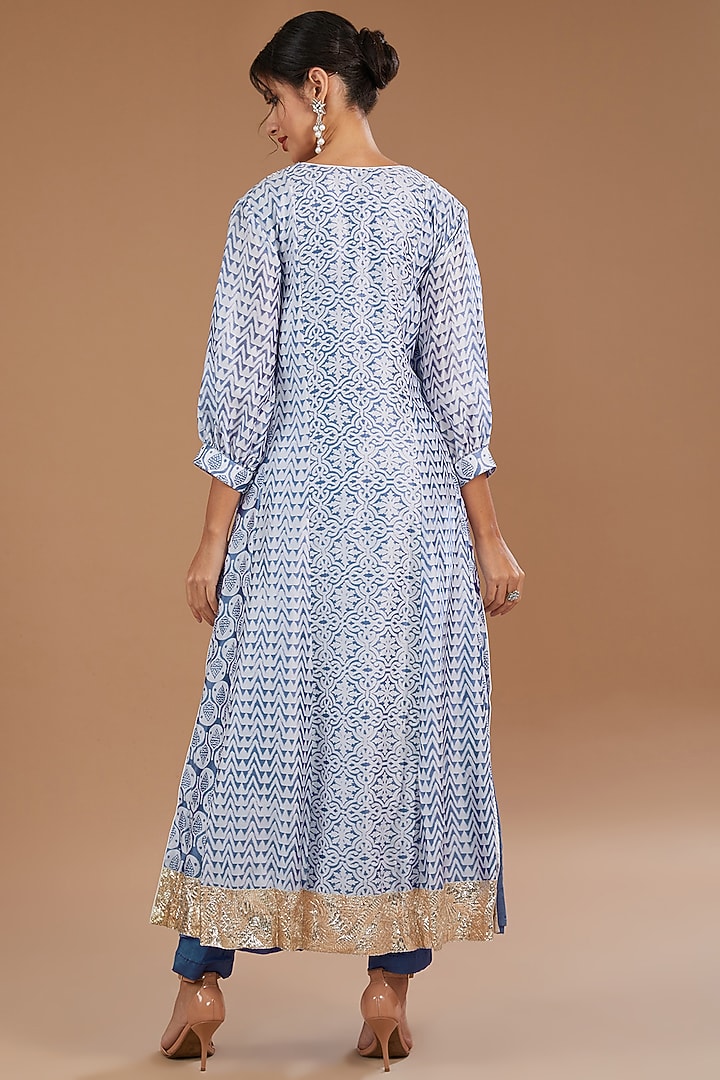 Blue Kora Silk Block Printed Kurta Set by Prisha's at Pernia's Pop Up Shop