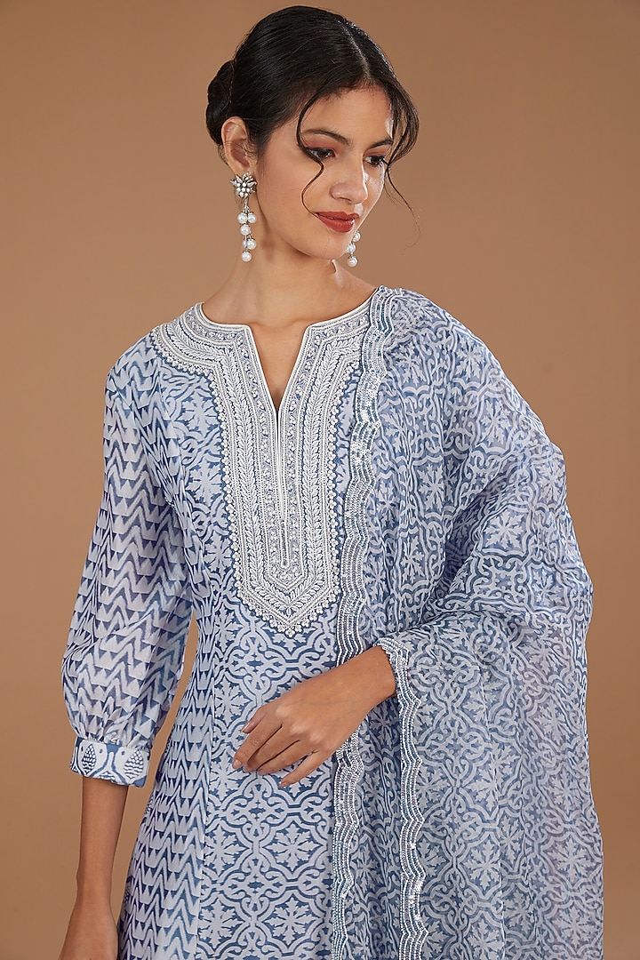 Blue Kora Silk Block Printed Kurta Set by Prisha's at Pernia's Pop Up Shop