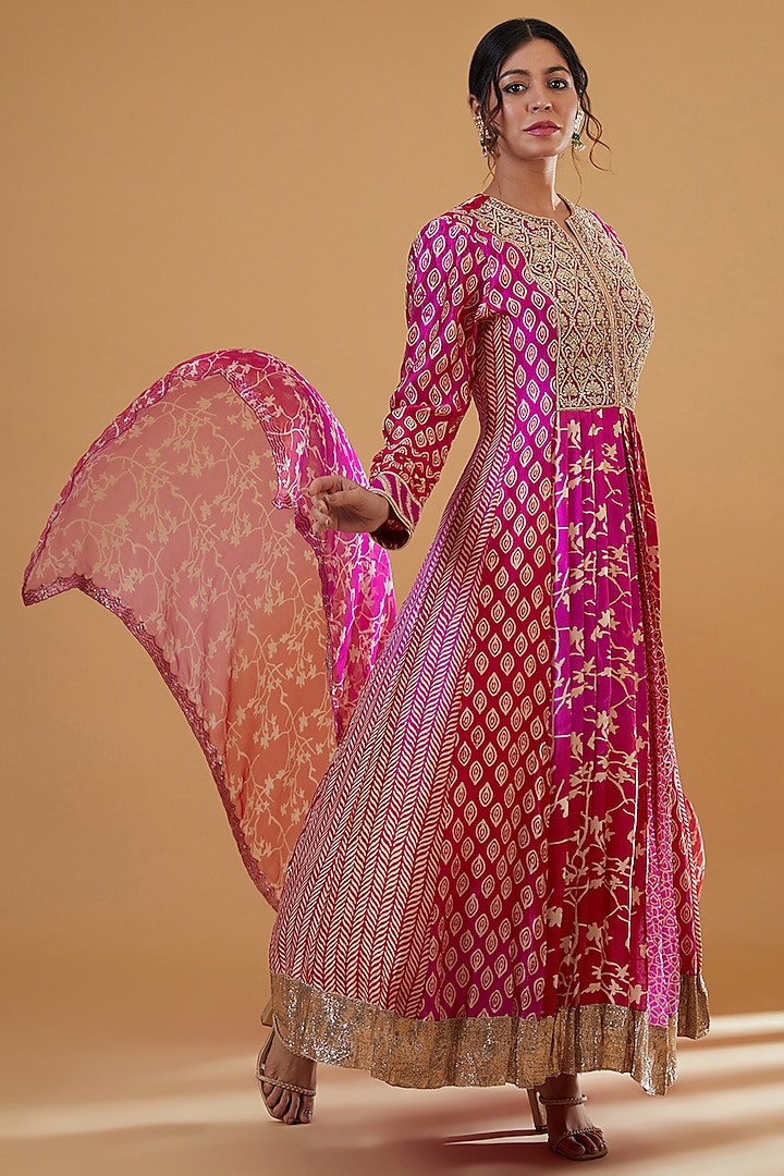 Multi-Colored Kora Silk Block Printed & Floral Embroidered Kurta Set by Prisha's