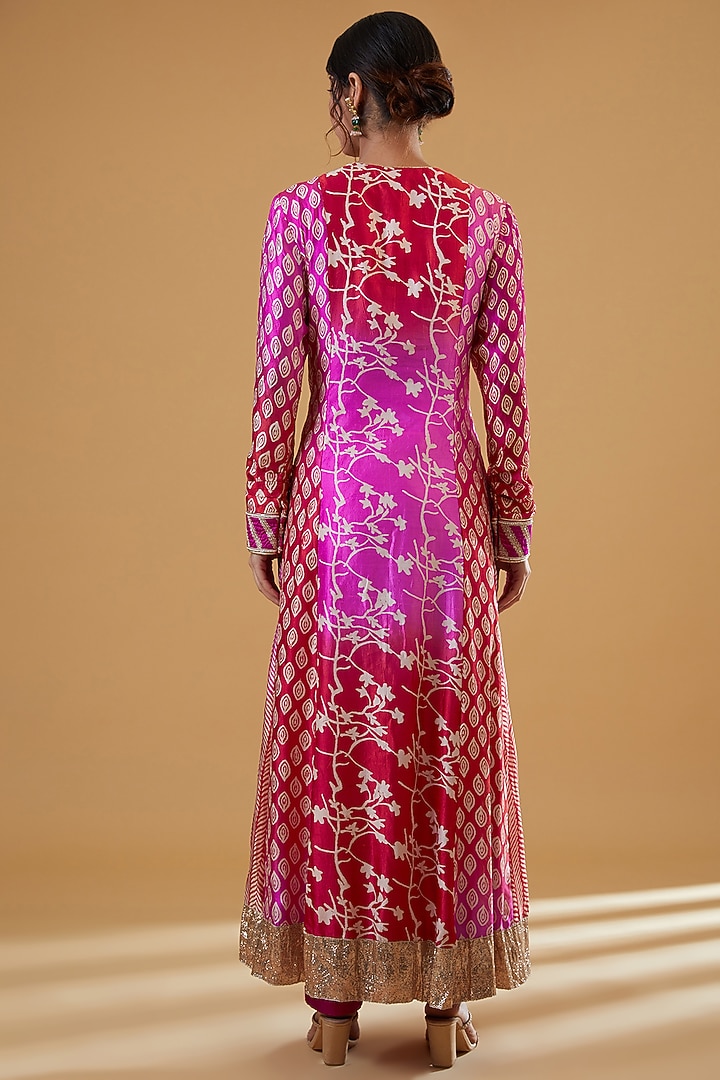 Multi-Colored Kora Silk Block Printed & Floral Embroidered Kurta Set by Prisha's at Pernia's Pop Up Shop
