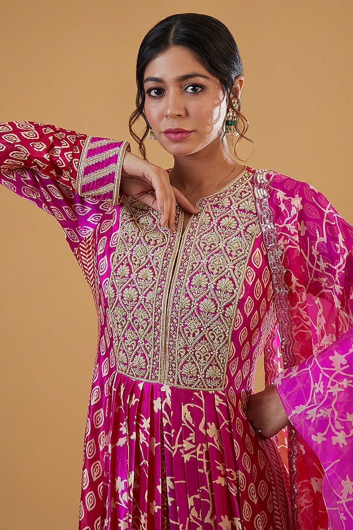 Multi-Colored Kora Silk Block Printed & Floral Embroidered Kurta Set by Prisha's at Pernia's Pop Up Shop