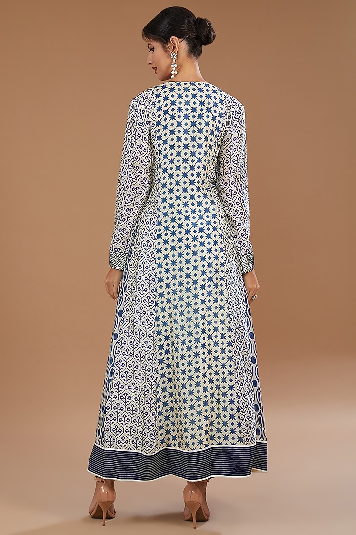 Blue-Beige Silk Block Printed Kurta Set by Prisha's at Pernia's Pop Up Shop