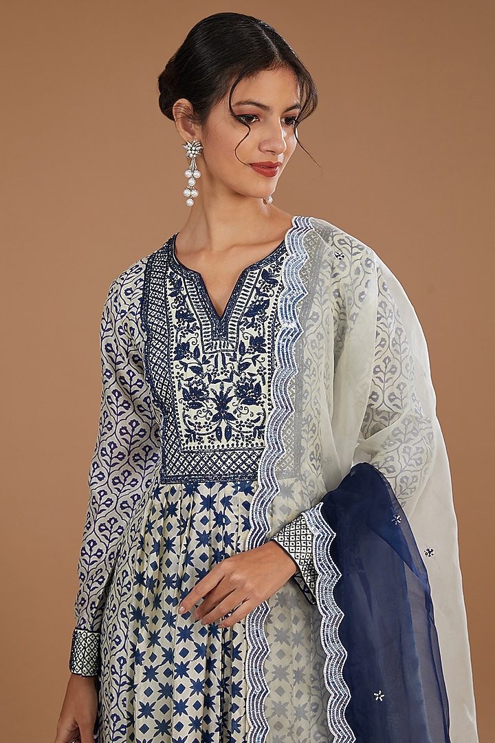 Blue-Beige Silk Block Printed Kurta Set by Prisha's at Pernia's Pop Up Shop