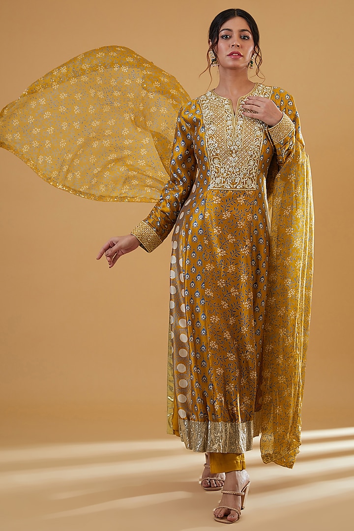 Gold Silk Ajrakh Printed & Zardosi Embroidered Kurta Set by Prisha's at Pernia's Pop Up Shop