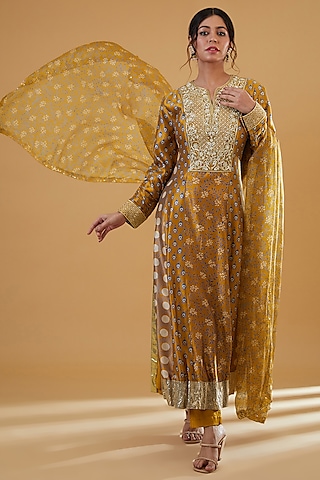 Gold Silk Ajrakh Printed & Zardosi Embroidered Kurta Set by Prisha's