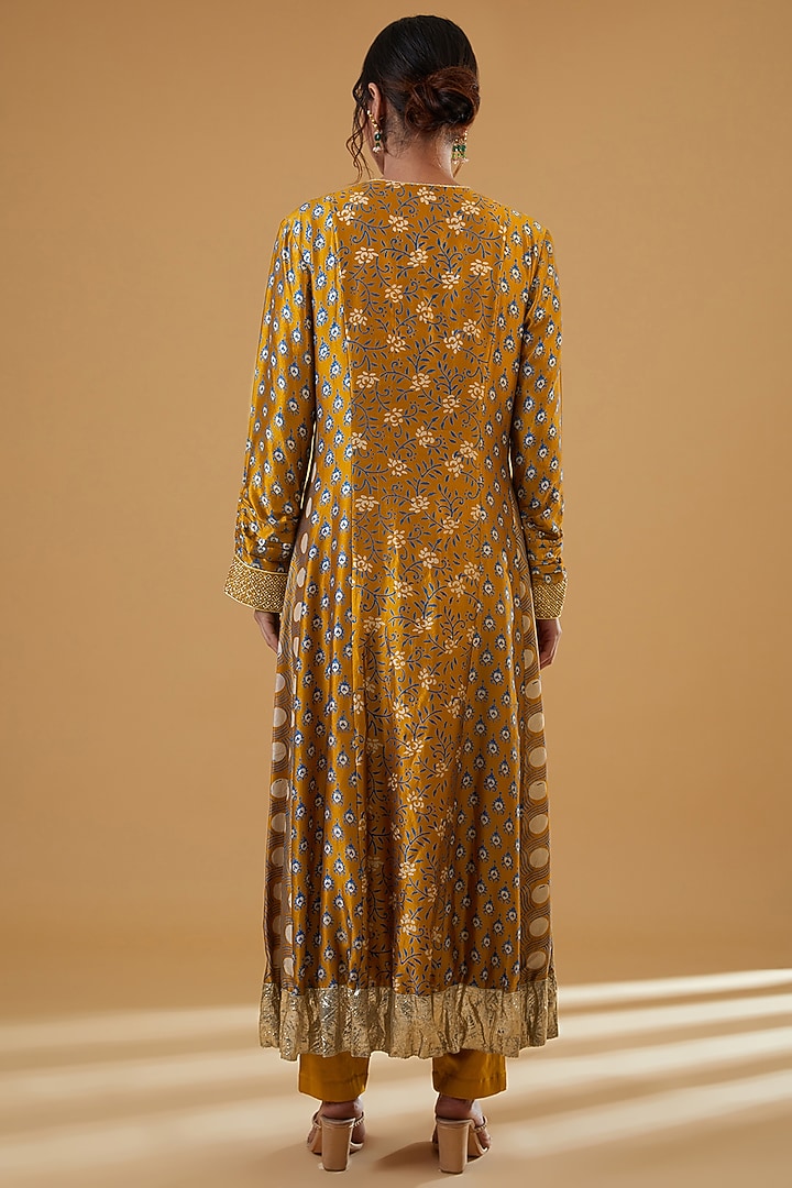 Gold Silk Ajrakh Printed & Zardosi Embroidered Kurta Set by Prisha's at Pernia's Pop Up Shop