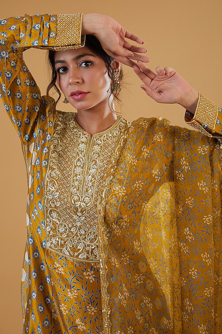 Gold Silk Ajrakh Printed & Zardosi Embroidered Kurta Set by Prisha's at Pernia's Pop Up Shop