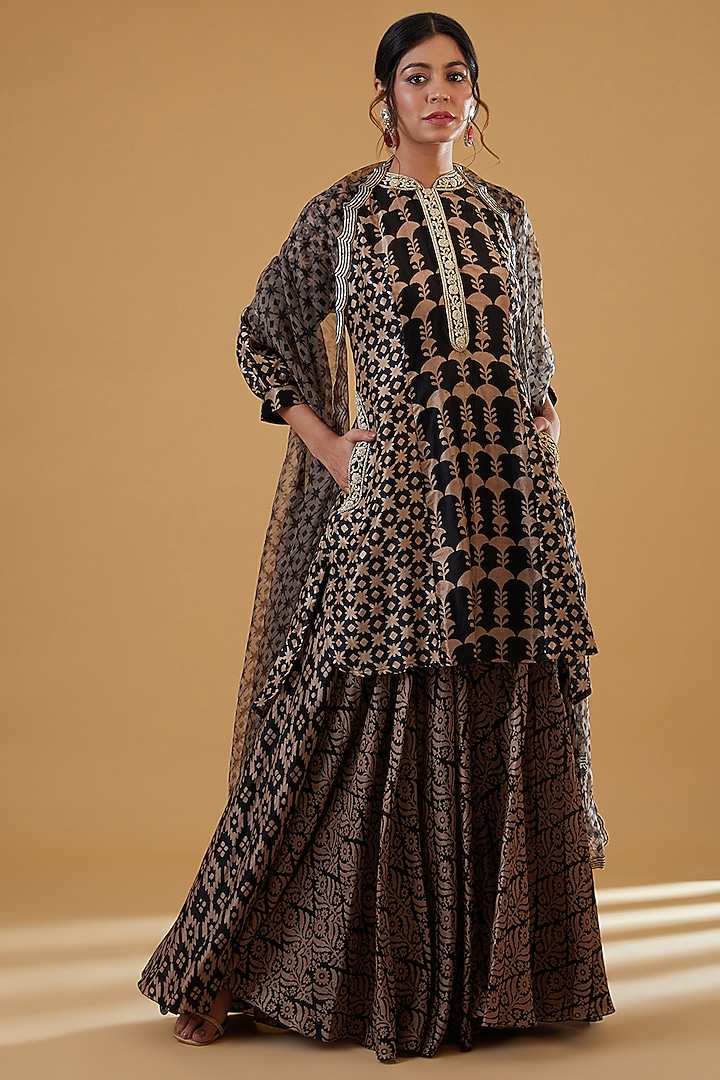 Black & Brown Kora Silk Cutdana Embroidered Kurta Set by Prisha's at Pernia's Pop Up Shop