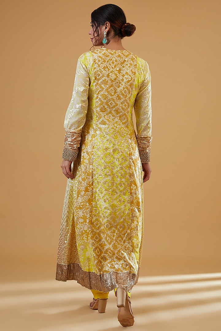 Brown & Yellow Chanderi Block printed & Zardosi Embroidered Banarasi Kurta Set by Prisha's at Pernia's Pop Up Shop