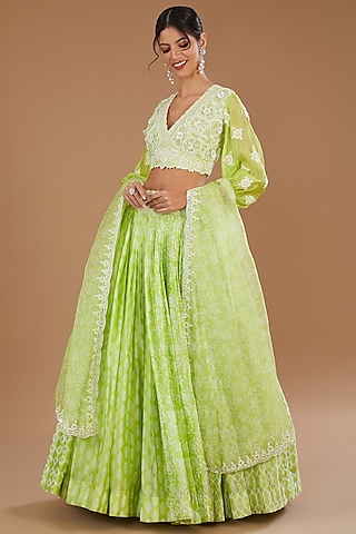 Lime Green Kora Silk Block Printed Lehenga Set by Prisha's