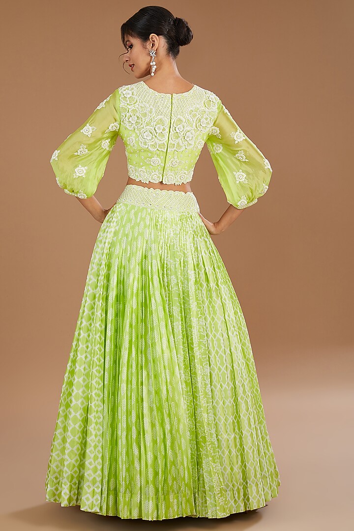 Lime Green Kora Silk Block Printed Wedding Lehenga Set by Prisha's at Pernia's Pop Up Shop