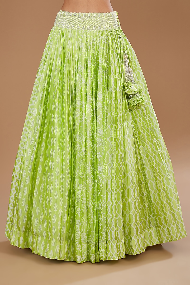 Lime Green Kora Silk Block Printed Wedding Lehenga Set by Prisha's at Pernia's Pop Up Shop